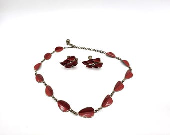 Vintage 1950s Red Enamel Leaf Necklace and Earrings Set, Retro 1950s Jewelry
