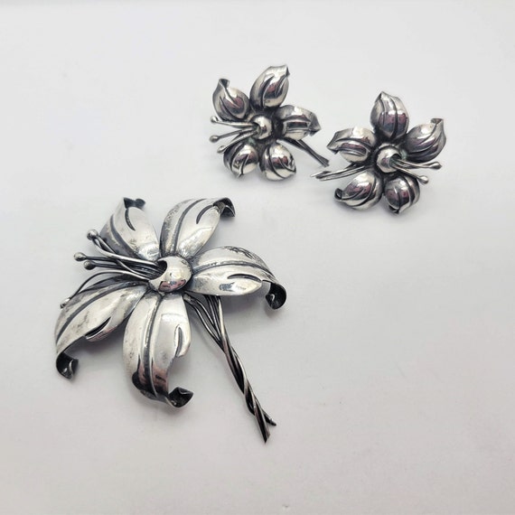 Sterling Silver Maricela Taxco Flower Brooch and … - image 1