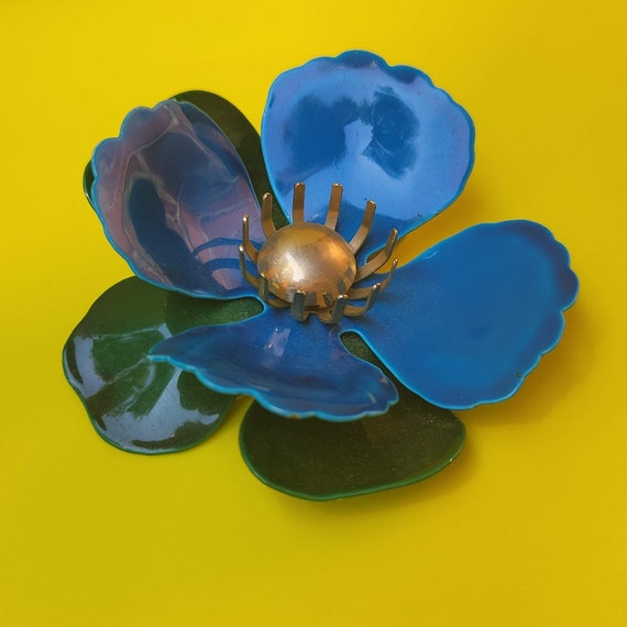 Large Sarah Coventry Tahitian Flower Blue Metal F… - image 9