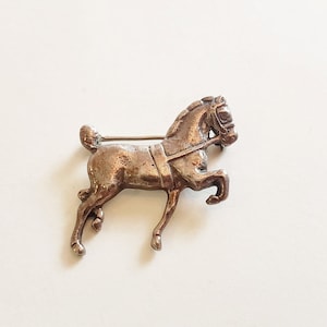 May include: A silver-toned horse brooch with a bridle and a pin on the back.