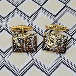 Vintage Faux Spanish Damascene Sceneic Cuff Links