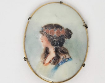 Art Nouveau Painted Portrait Porcelain Brooch