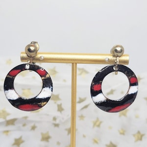 White, Red, & Black Enameled Copper Hoop Clip On Earrings