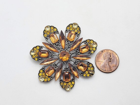 Yellow and Brown Rhinestone Brooch - image 2