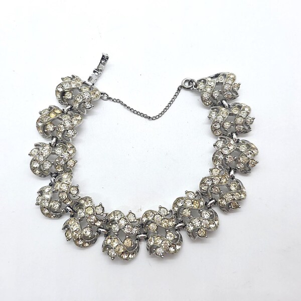 Vintage Bogoff Rhinestone Bracelet , Silver Tone Scrollwork, Old Hollywood Glam