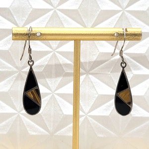 Inlaid Onyx and Tiger&#39;s Eye Dangle Earrings