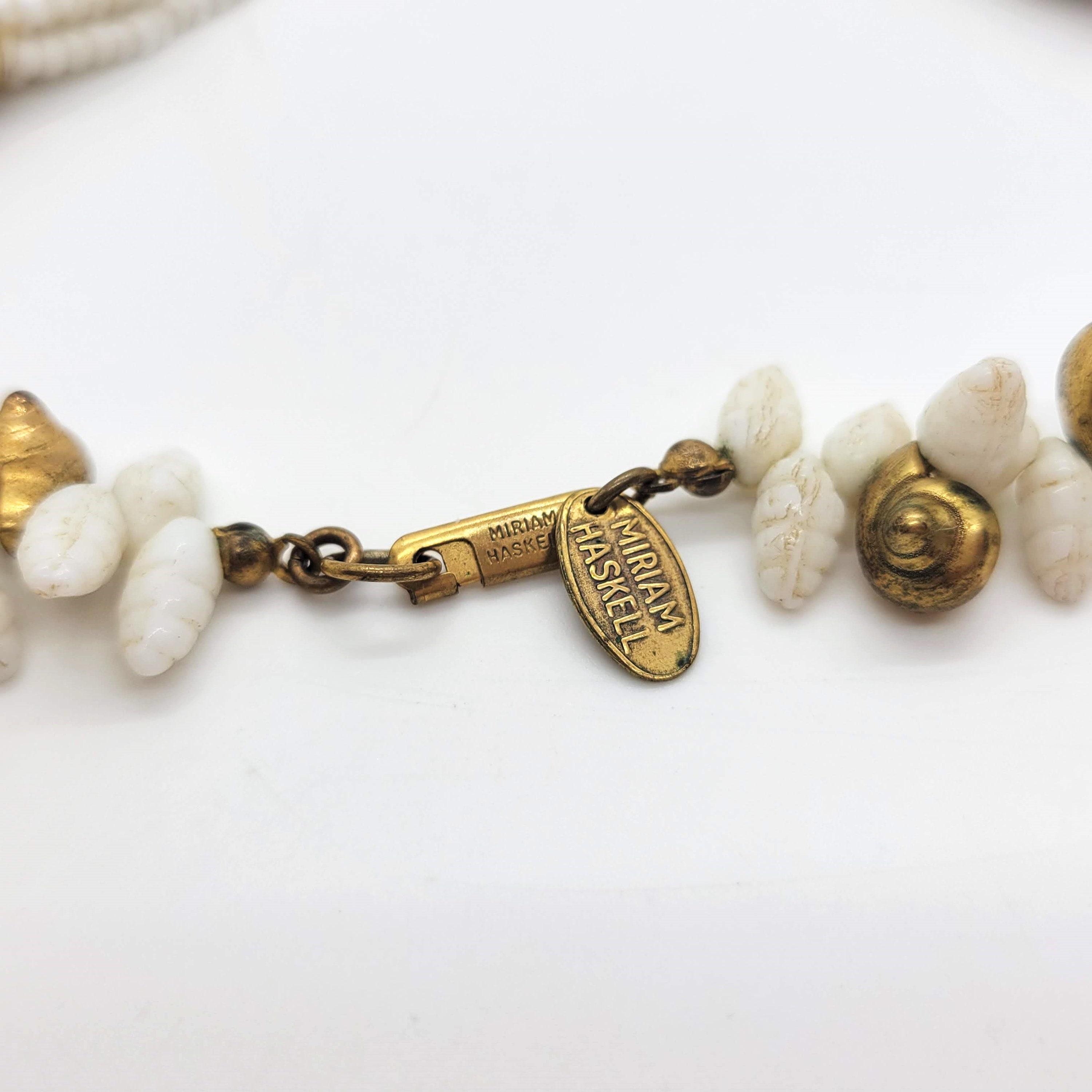 Miriam Haskell White Glass Bead Necklace With Gold Metal Shell 
