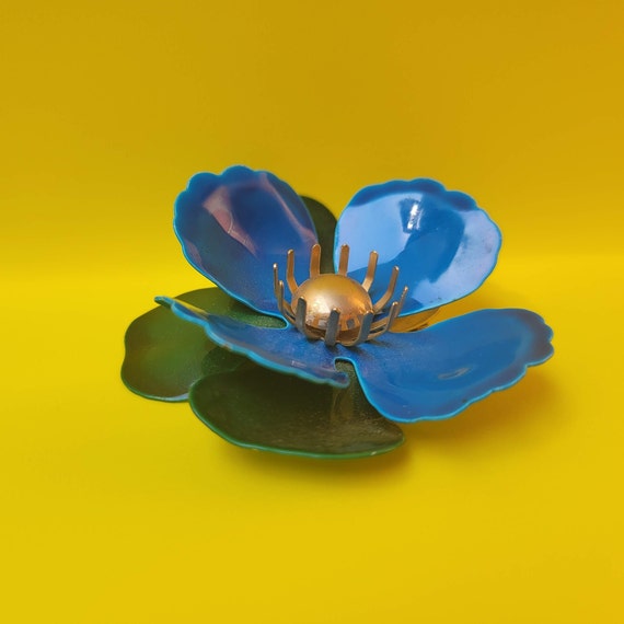 Large Sarah Coventry Tahitian Flower Blue Metal F… - image 5