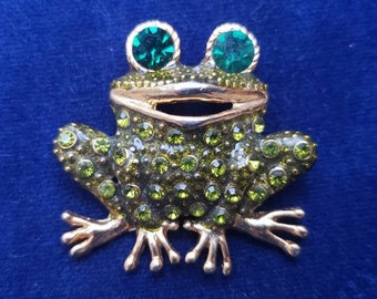 Green Rhinestone Frog Brooch