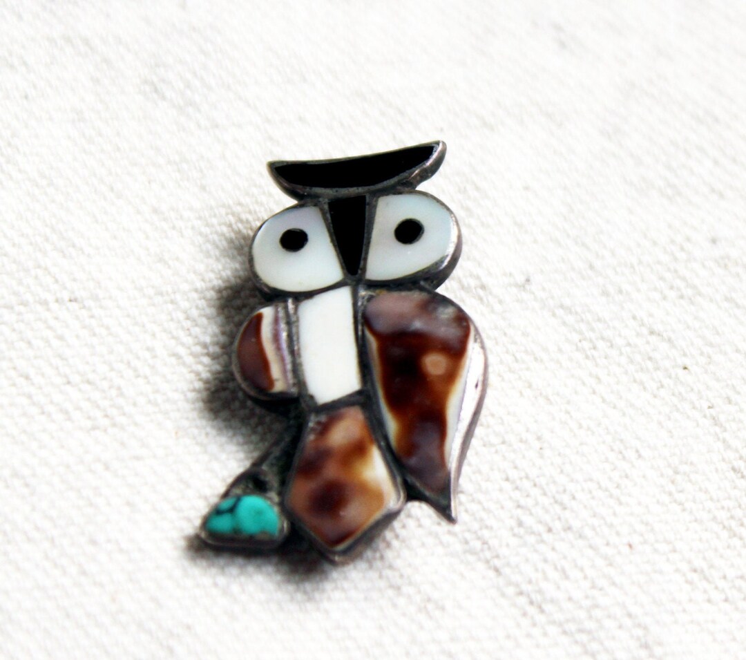 Vintage Inlaid Mother of Pearl & Onyx Sterling Owl Pin - Etsy