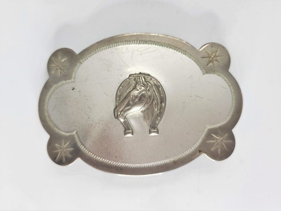 Nickel Plated Western Horse Belt Buckle - image 1
