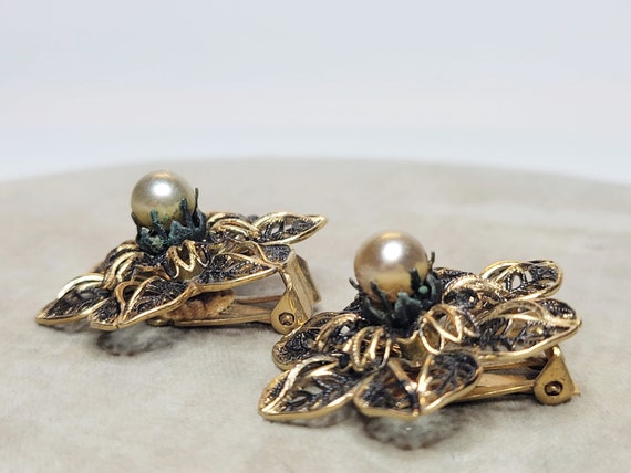 Coro Filigree and Pearl Flower Clip On Earrings - image 7