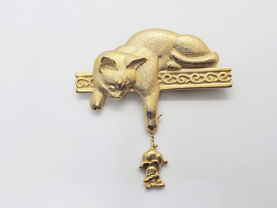 Gold Tone JJ Cat & Mouse Brooch - image 1