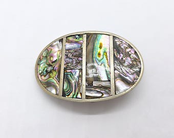 Vintage Alpaca Abalone Belt Buckle, Oval Inlay Buckle, Iridescent Shell Western Boho Accessory