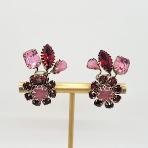 Vintage Schriener Pink & Red Rhinestones Clip On Earrings