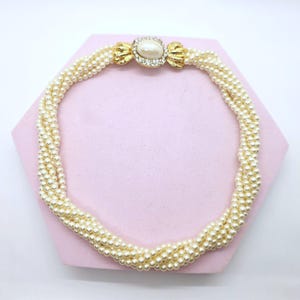 Vintage 6 Strand Pearl Choker Necklace with Fancy Rhinestone Clasp