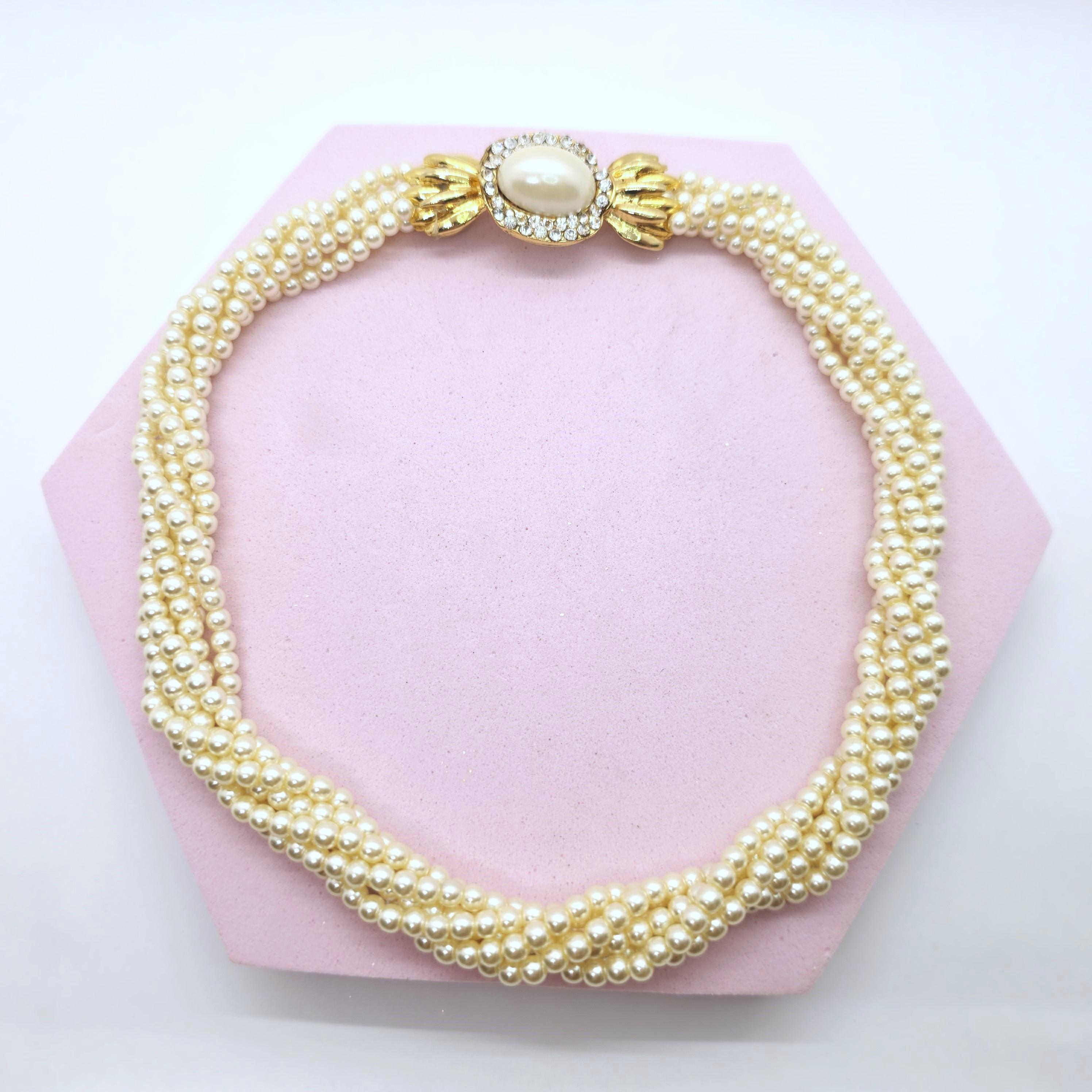 Vintage 6 Strand Pearl Choker Necklace With Fancy Rhinestone Vintage 6 Strand Pearl Choker Necklace With Fancy Rhinestone