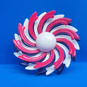 Large Red, White, & Blue Enameled Metal Pinwheel Pin Patriotic Brooch
