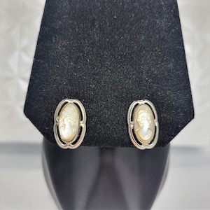 12K White Gold Filled Carved Abalone Cameo Screw Back Earrings