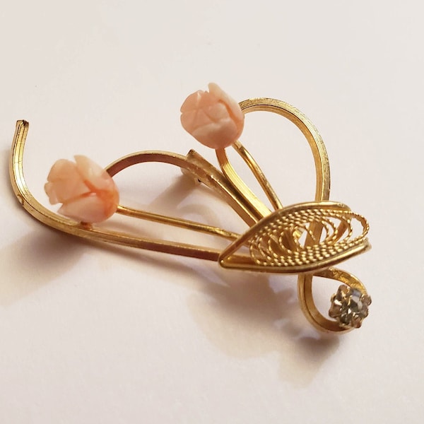 Vintage Carved Coral Rose Buds Brooch