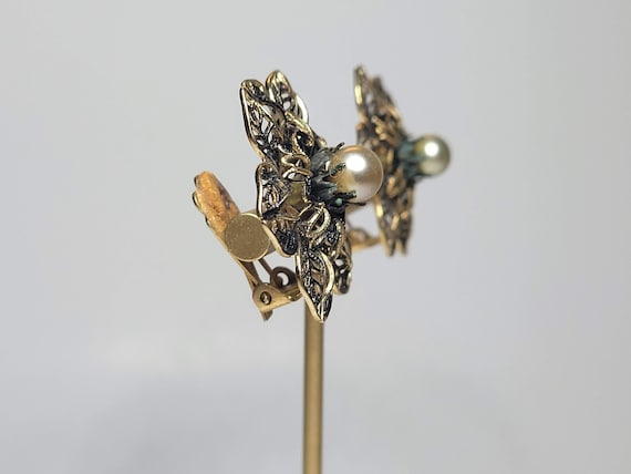 Coro Filigree and Pearl Flower Clip On Earrings - image 2