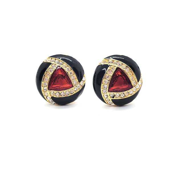 Enameled Red and Black Clip On Earrings