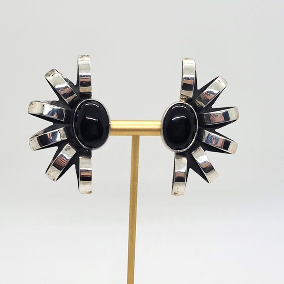 Large Taxco Sterling and Onyx Modernist Earrings