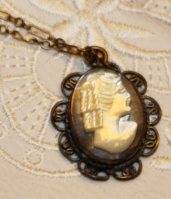 Carved Abalone Shell Cameo Pendant with Chain