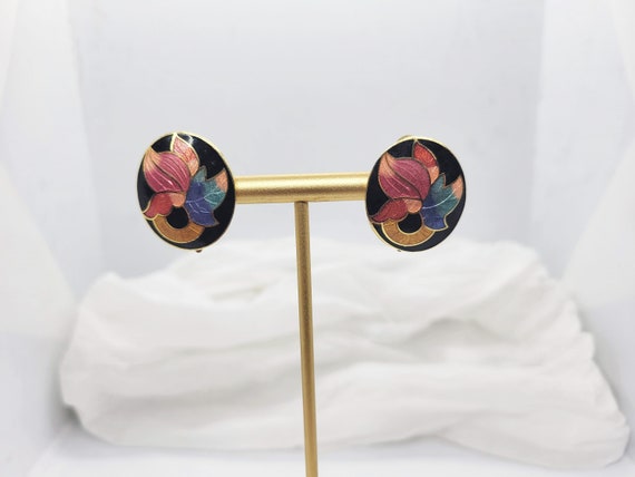 Cloisonné Flower Clip On Earrings - image 1