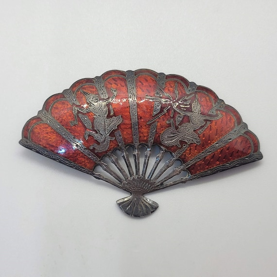 Orange Enameled Sterling Siam Fan Brooch