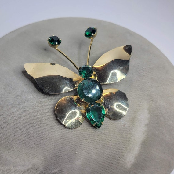 Huge Gold and Green Rhinestone Butterfly Pin