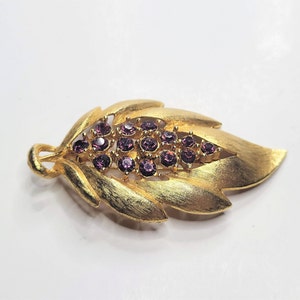 GoldTone Leaf Brooch with Purple Rhinestones