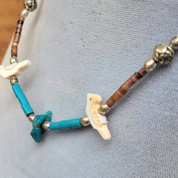Heishi necklace with Bird Feitsh and Turquoise Nu… - image 3