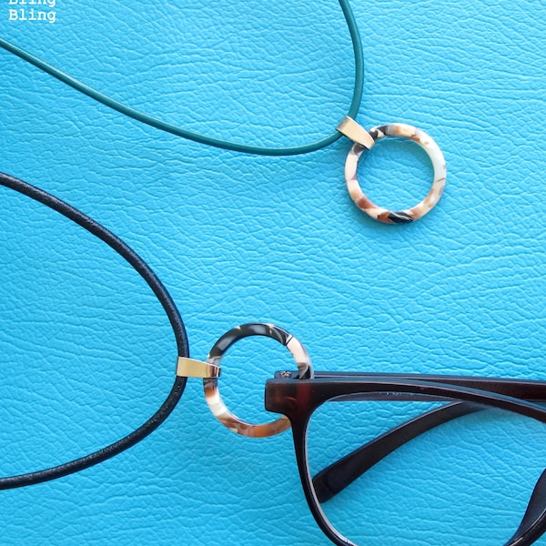 Tortoiseshell ring necklace, real leather cord, faux sea turtle shell, glasses hoop, faux horn pendant, glasses loop holder, travel necklace