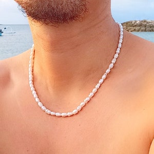 White pearl necklace for men, real pearl necklace men, freshwater baroque pearl necklace, masculine pearl necklace, collar pearl necklace