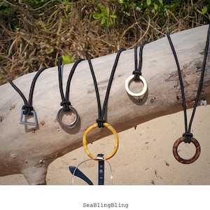 Fashion ring necklace, eyeglass holder with rosewood coconut bamboo or steel hoop pendant or carabiner and neoprene cord, eyeglasses loop