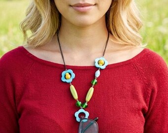 Vergeet-mij-niet-ketting: parelmoerhanger, brilkoord
