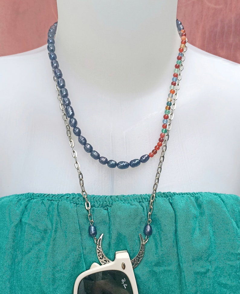 Crescent Moon Necklace With Pearls, Eyeglasses Necklace, Eyeglass Loop