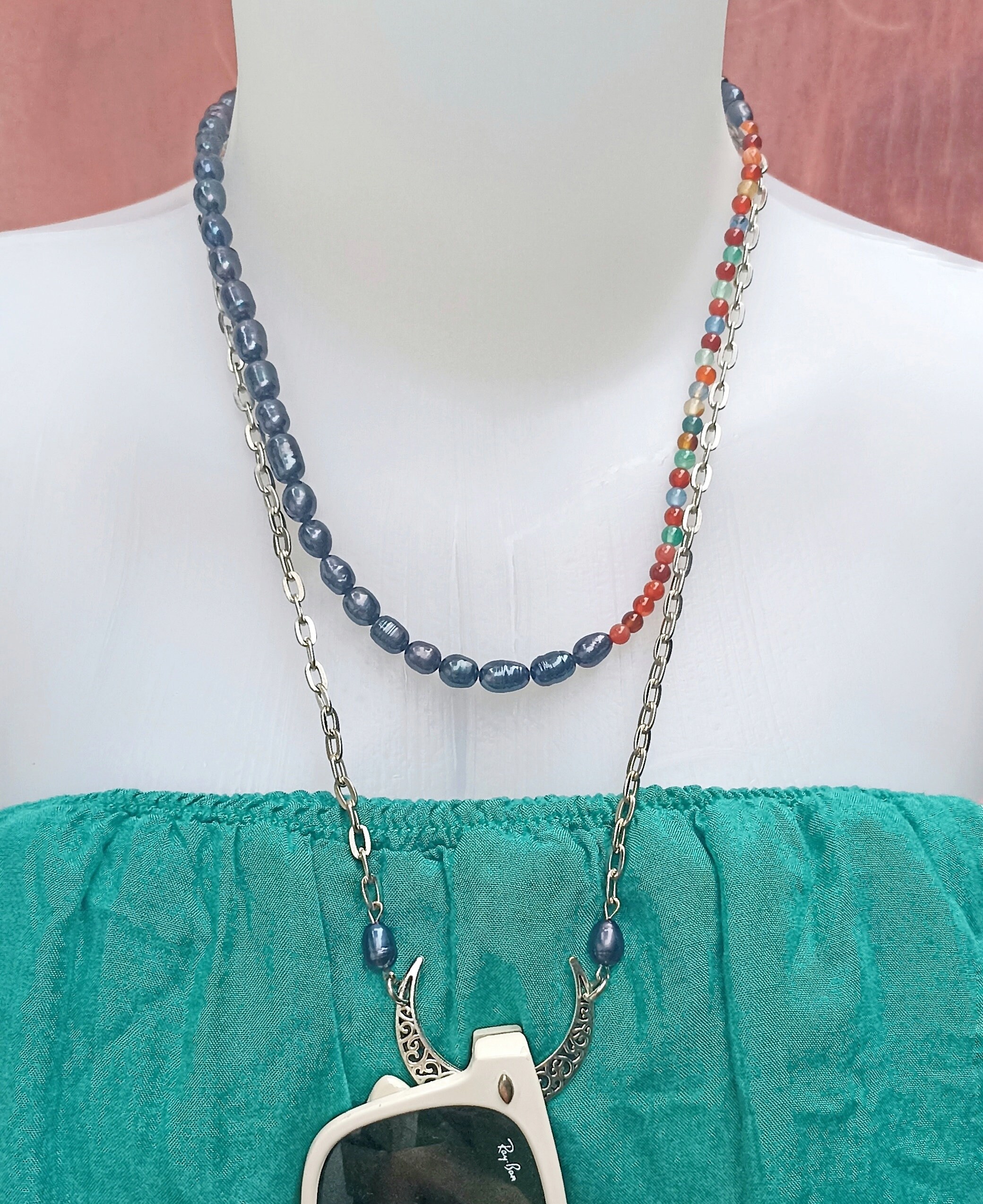 Crescent Moon Necklace With Pearls, Eyeglasses Necklace, Eyeglass Loop