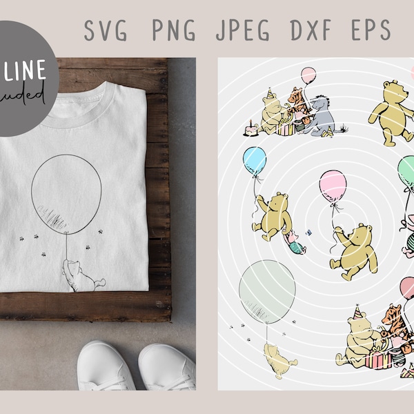Winnie the Pooh and Friends Birthday with Balloon SVG, PNG, Vector, Digital Download, Design Print For Silhouette Cameo & Cricut Machine