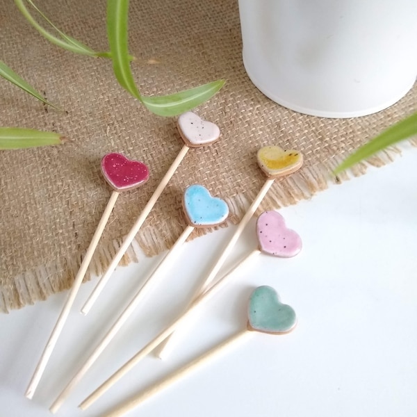 6pc TINY HEART STAKE set, plant stake, plant marker, cupcake topper, cake topper, valentine's day, plant lover gift, ceramic rainbow hearts