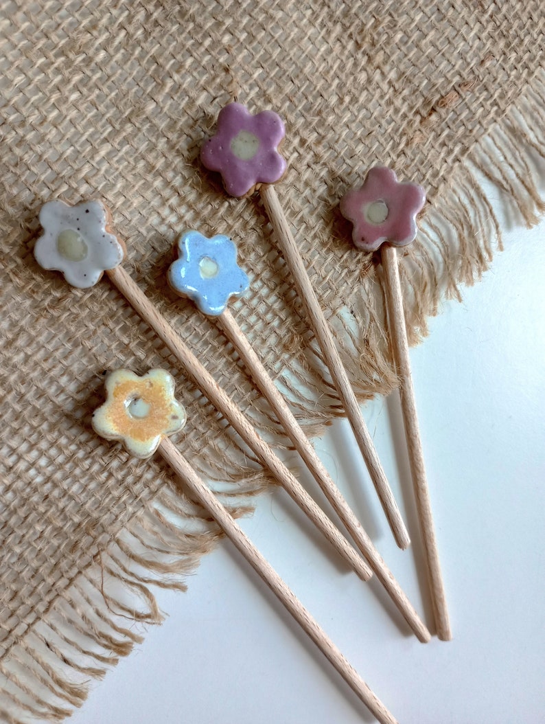 5pc TINY MULTICOLOR FLOWER stake set, garden decor, plant stake, plant markers, mini ceramic flowers, cake toppers, boho gift, tiny bouquet image 6