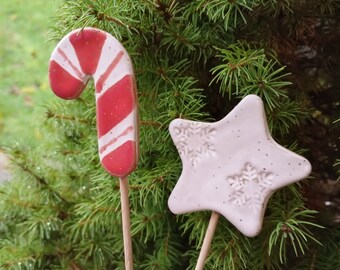 CERAMIC HOLIDAY STAKES, plant stakes, cake topper, holiday decor, centerpiece, ceramic decor, snowflake textured ceramic star, candy cane