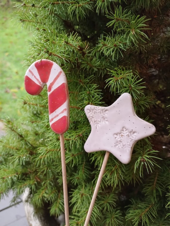 CERAMIC HOLIDAY STAKES, plant stakes, cake topper, holiday decor, centerpiece, ceramic decor, snowflake textured ceramic star, candy cane