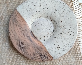 WOOD GRAIN/WHITE speckle stoneware small plate, trinket dish, side plate, dessert plate, spoon rest, soap dish, handmade stoneware, woodsy