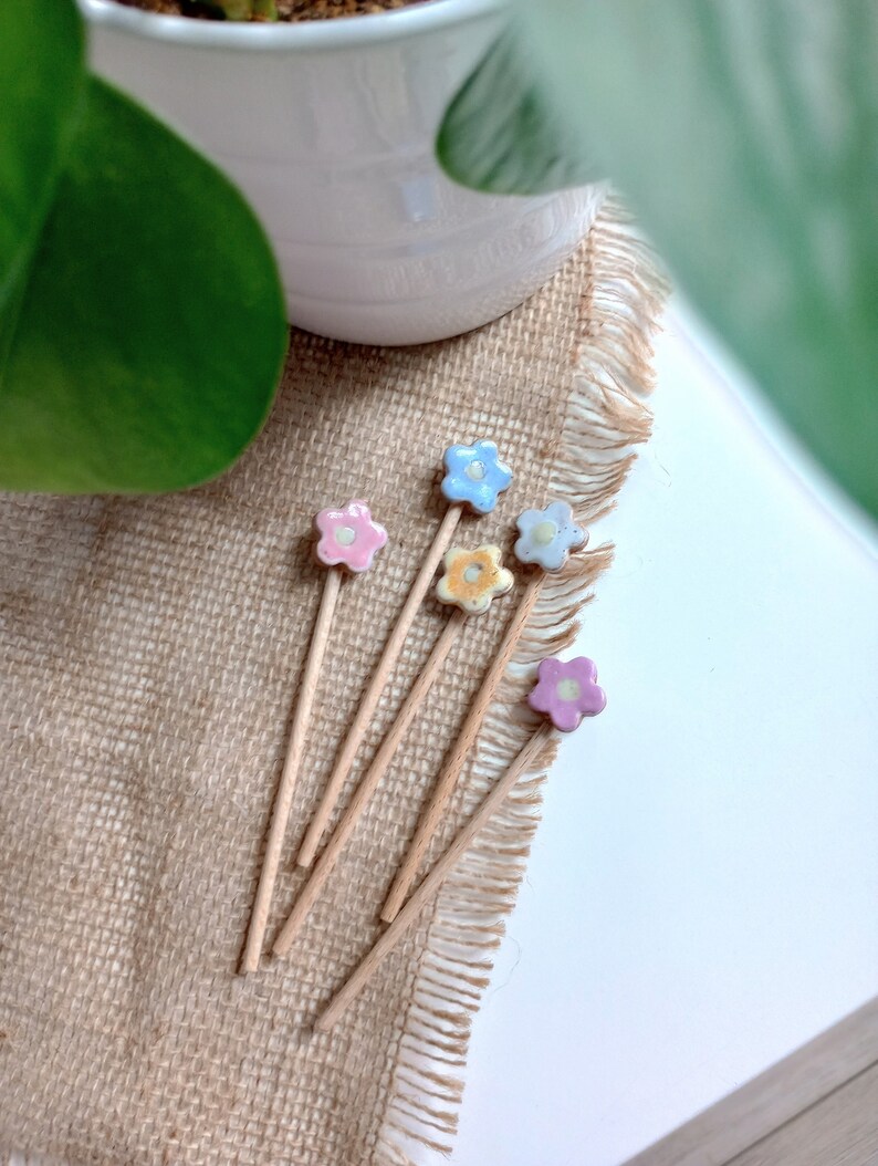 5pc TINY MULTICOLOR FLOWER stake set, garden decor, plant stake, plant markers, mini ceramic flowers, cake toppers, boho gift, tiny bouquet image 5