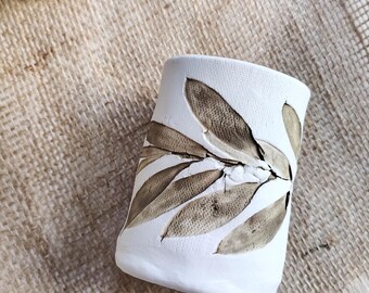 PORCELAIN OLIVE BRANCH cup, naturally textured bud vase, short vase, tumbler, multipurpose cup, handmade botanical vessel