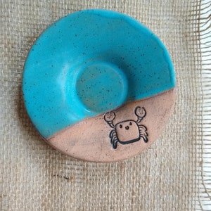 CRAB/TURQUOISE BLUE Speckled stoneware small plate, ceramic trinket dish, multipurpose dish, soap dish, spoon rest, side dish, crab plate image 1