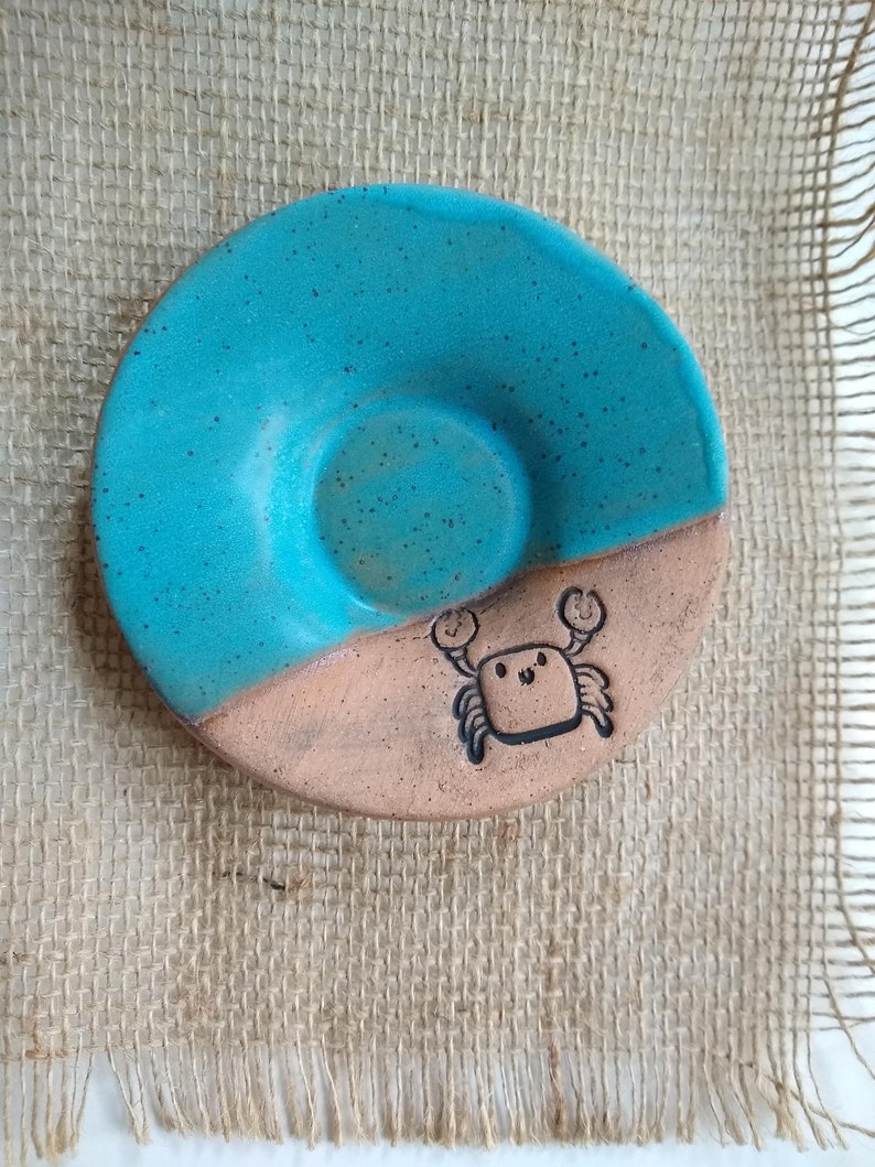 CRAB/TURQUOISE BLUE Speckled stoneware small plate, ceramic trinket dish, multipurpose dish, soap dish, spoon rest, side dish, crab plate image 1