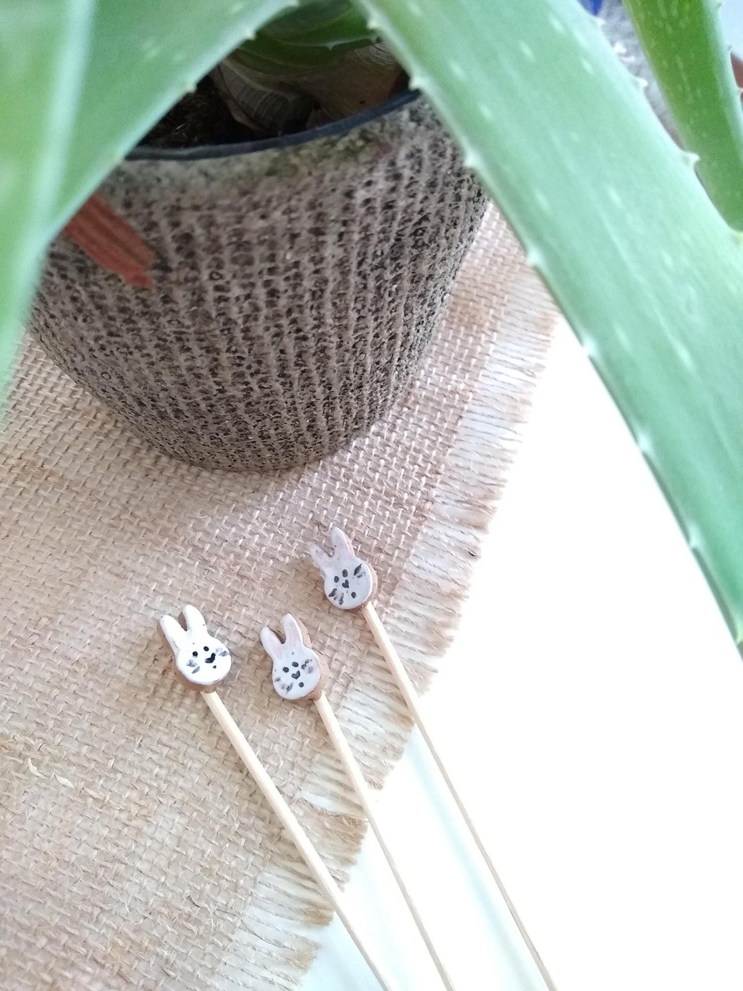 Tiny Stoneware Bunny Plant Stake, Garden Decor, Cake Topper - Etsy